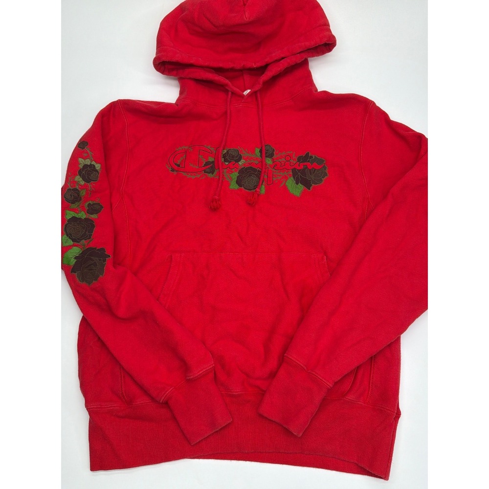Champion Reverse Weave Rose Floral‎ Graphic Hoodie Red Mens Small S Heavyweight